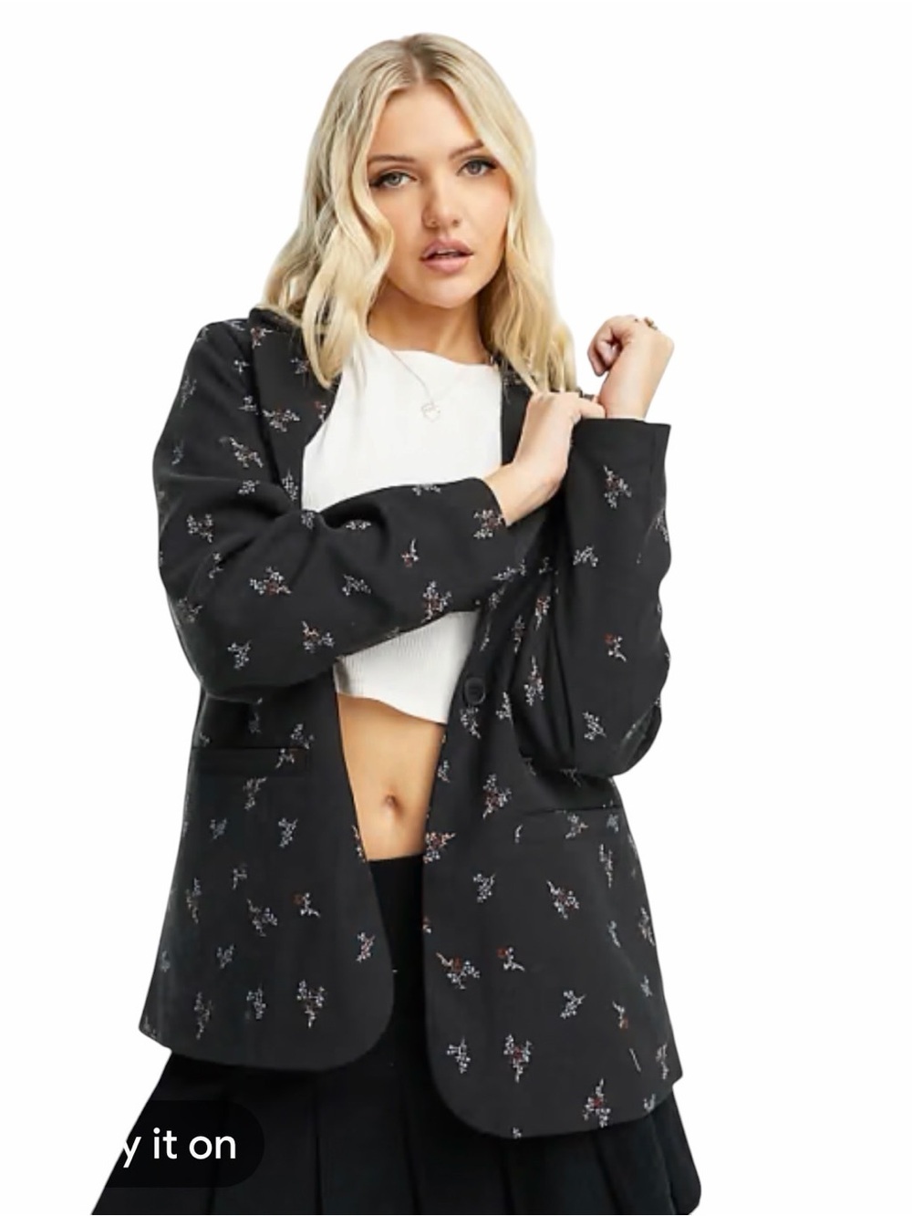 Monki Black Floral Single-Breasted Blazer Jacket